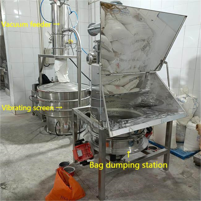 Vacuum feeder conveys the flour from bag dumping station to vibrating screen